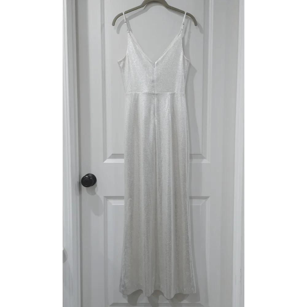 ELIZA J Ivory Shimmer Draped Maxi Dress with Ruffle Slit – Glam Occasion 6P - Picture 6 of 14